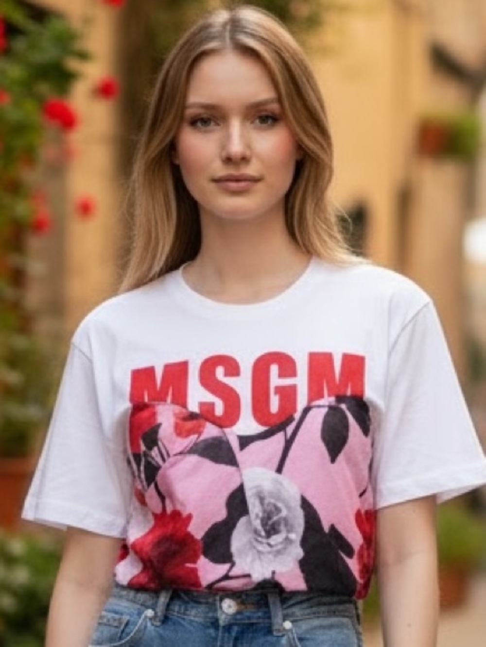 MSGM White Tee Red Logo Pink Floral Panel Size S/M